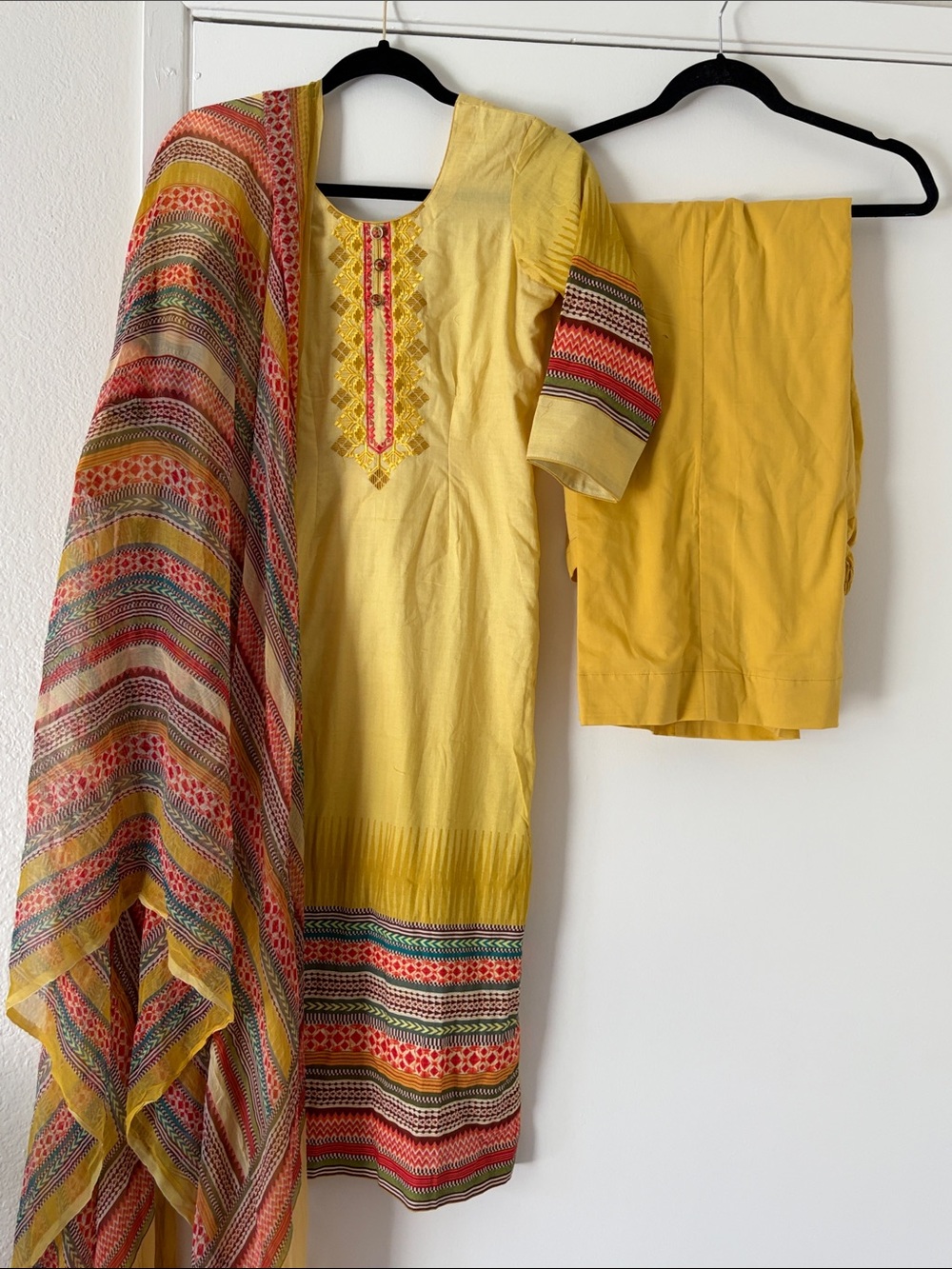 Yellow Embroidered Kurta Set with Multi-Color Dupatta with straight pants india